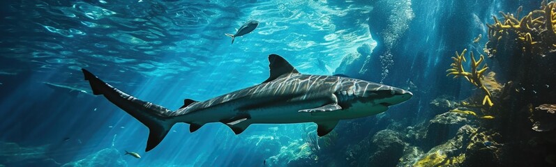Great white shark. Underwater banner