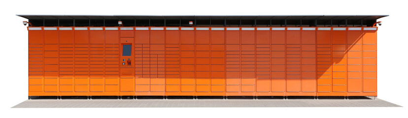 Self service long orange color terminal from which customers can pick up and ship mails and packages