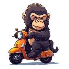Happy cute gorilla cartoon character riding a scooter on a white background, for sticker or t-shirt design