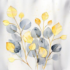 Artistic Watercolor Painting of Yellow and Blue Flowers on a White Background
