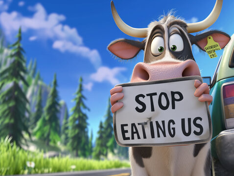 Lustige Kuh Cartoons mit Hinweisschild bitte nicht essen, ai generativ