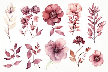 A bouquet of watercolor flowers in different shades of red, purple, and pink.