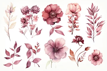 Foto auf Leinwand A bouquet of watercolor flowers in different shades of red, purple, and pink. © shelbys