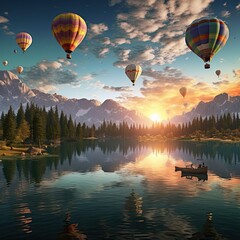 Ascend into the sky with the balloons above the tranquil lake