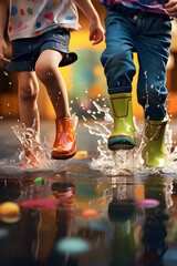 Children with colorful gum boots splashing water in muddy puddles. Focused on the legs. Concept of playfulness, enjoyment, creativity and freedom.