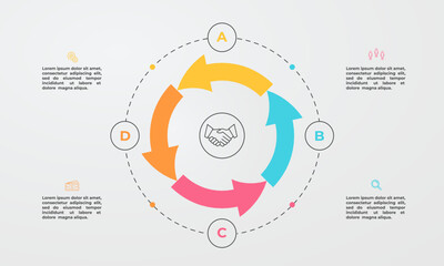 Modern circle infographic template with 4 successive stages of the business project development process. Minimal infographic design template. Modern flat vector illustration for data visualization.