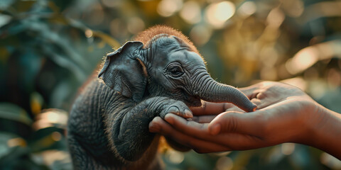 A tiny elephant sitting in the palm of a laughing person's hand