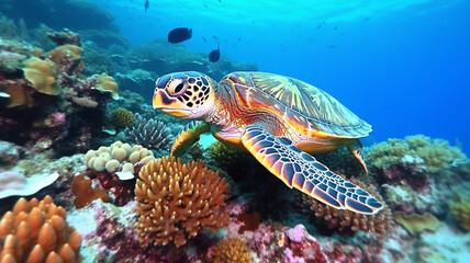 Naklejka na ściany i meble turtle with Colorful tropical fish and animal sea life in the coral reef