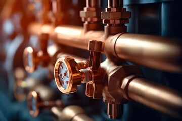Water or gas systems and copper pipeline of a heating system in boiler room. Plumbing, fixing pipes and fittings. - obrazy, fototapety, plakaty