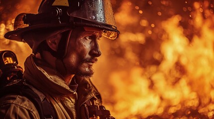 Firefighter in Protective Gear Amidst Intense Flames, Close-Up View of Fireman with Helmet in Blazing Inferno