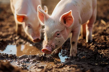 Fotobehang Happy pigs roaming free on farm meadow and mud. Farm animal welfare and care. Generative Ai. © marcin jucha
