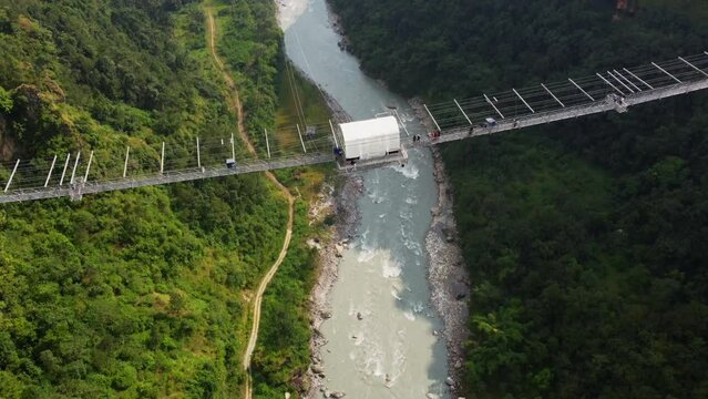 Aerial View Of Platform Of Kushma Bungee Jump On Suspension Bridge Over The Kali Gandaki River In Nepal.