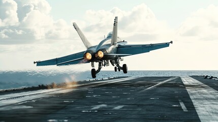 A fighter jet takes off from an aircraft carrier. Space for text. - obrazy, fototapety, plakaty
