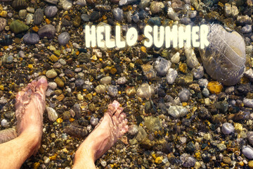 Hello Summer and tropical leaves. Summer holidays and adventures. foot rest