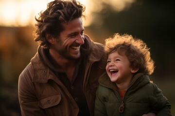 A father and son laughing together with joy warm golden hour lighting shot