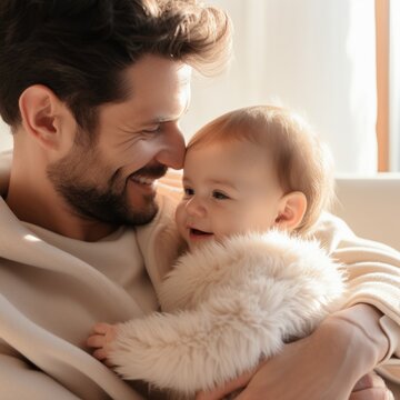 a closeup of father and baby on his lap light daylight minimalistic beige clothes real photo
