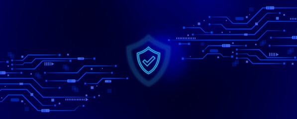 A blue circuit board with a metallic shield on it. There are many lines and parts for electricity flow.