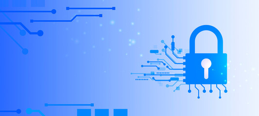 A padlock on gradient blue circuit board background.