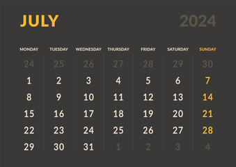 Monthly page Calendar Planner Templates of July 2024. Vector layout of simple calendar with week start Monday for print. Page for size A4 or 21x29.7 cm in dark color