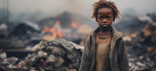 Young child standing in front of landfill with fire in background. Environmental issues.