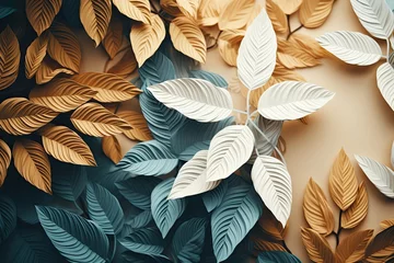 Foto op Aluminium Aesthetic arrangement of white and tan leaves on a brown background. © shelbys