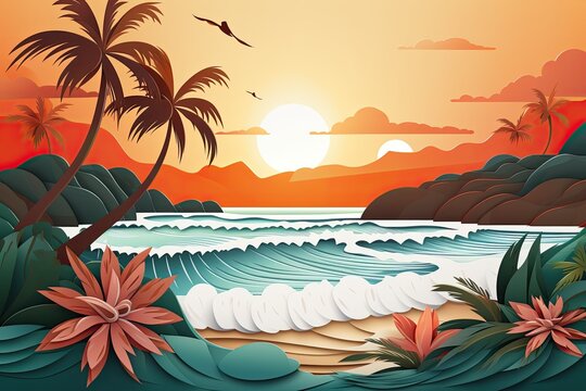 Tropical Sunset with Palm Trees and Surf
