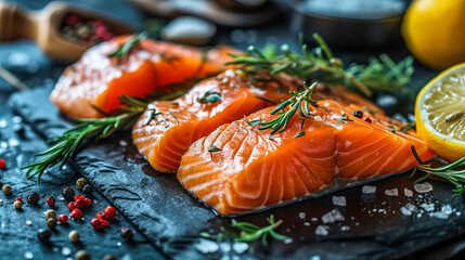 Raw salmon steaks lie on a black slate board.