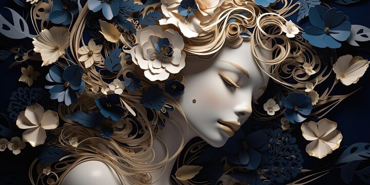 The title of this image is "The Beauty of a woman with flowers in her hair.. A fictional character created by Generative AI. 