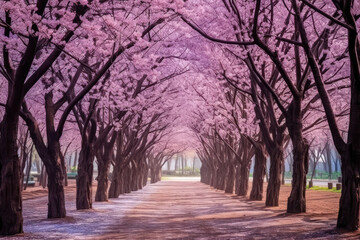Wonderful scenic park with rows of blooming cherry sakura trees in spring. Pink flowers of cherry tree.