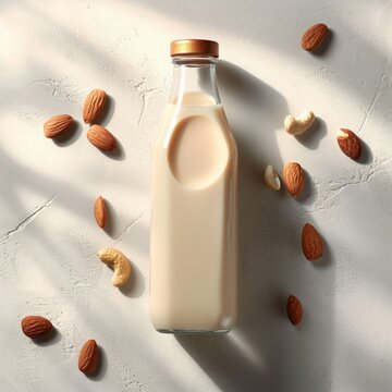 almond milk, a bottle with a drink and a scattering of nuts. flat layout, top view. dairy products.
