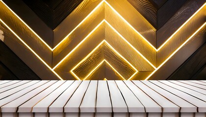 Empty wooden white table over golden and black pattern wall background, product display montage. High quality photo for mock up and banner pattern, floor in the interior