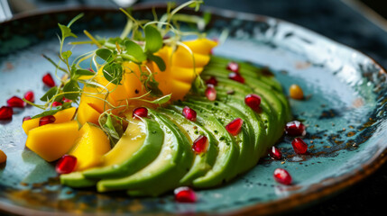 Gourmet Avocado and Mango Salad with Pomegranate Seeds on a Rustic Plate