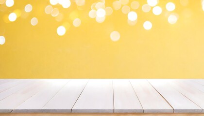 Empty wooden white table over light yellow wall background, product display montage. neon High quality photo for mock up and banner, empty room with wooden floor and light