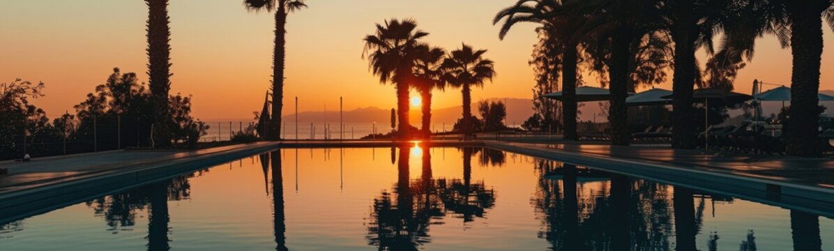 Sunset with silhuettes palm and reflection in swimming pool. Banner
