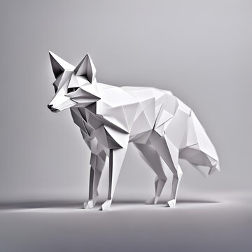 Fuchs Kopf in geometrischen Formen, wie 3D Papier in wei&szlig; wie Origami Falttechnik J&auml;ger Symbol Wappentier Logo Vorlage wildlebende Tiere