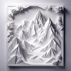Landschaft mit Bergen und Tälern, wie in den Alpen aus Papier, wie Origami Falttechnik in weiß, 3D Objekte zu Urlaub verreisen Umwelt Naturschutz und Natur Nationalpark Weihnachten und Reisen