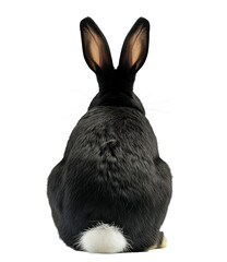 Back view of a black rabbit with white tail isolated on a transparent background