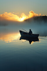 Fisherman in a boat at dawn, serene and content.