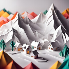 Landschaft mit Häusern Bergen und Tälern, wie in den Alpen aus Papier, wie Origami Falttechnik in weiß, 3D Objekte zu Hause oder Urlaub verreisen
