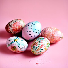 Several painted Easter eggs on a pink background.