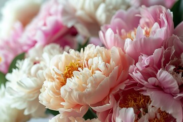 Close up macro of beautiful peonies in different colors pink, pastel peach, white color