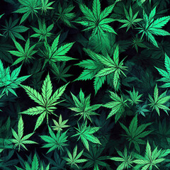 seamless texture pattern with green cannabis marijuana leaves on a dark background