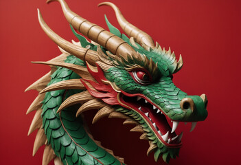 the head of a green dragon. the symbol of the Chinese New Year 2024. on a red background.