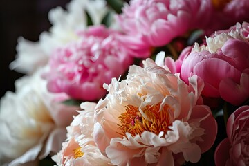 Close up macro of beautiful peonies in different colors pink, pastel peach, white color
