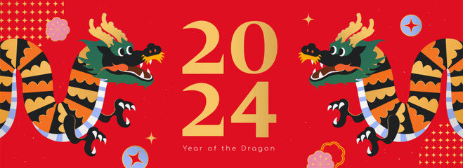 Auspicious CNY dragon banner - obrazy, fototapety, plakaty