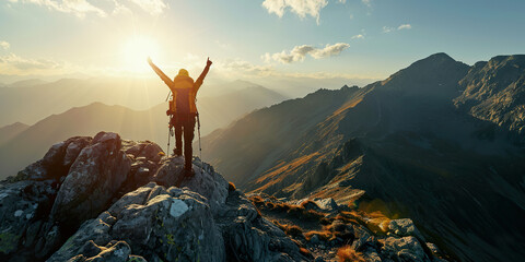 Hiker reaching the summit of a mountain, arms raised in triumph.