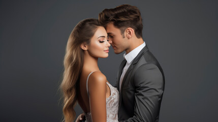 Beautiful happy lovely couple are kissing on grey background, valentine concept