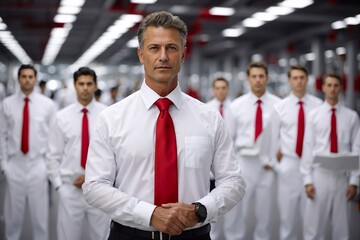 professional manager sporting red tie in active factory with workers scene, effective management and teamwork 