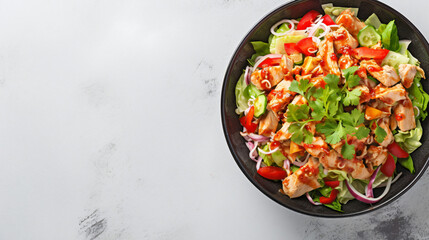 Top view of Thai chicken salad in a bowl close up