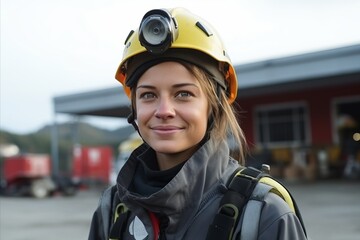 Portrait of a female firefighter wearing a safety helmet and looking at the camera